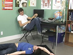 They stop thinking about the yearbook when Leo sits on Levon's cock and rides him until they both cum straight boy first gay time at Teach Twinks